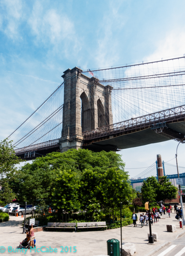 Brooklyn Bridge from river level in Brooklyn, 2015
